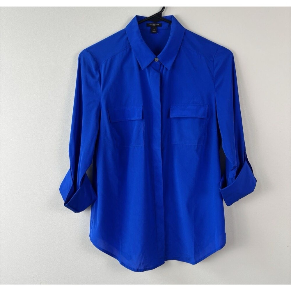 Ann Taylor Size 2 Women Silk Royal Blue Rolled Sleeve Button Up Shirt Blouse EUC
